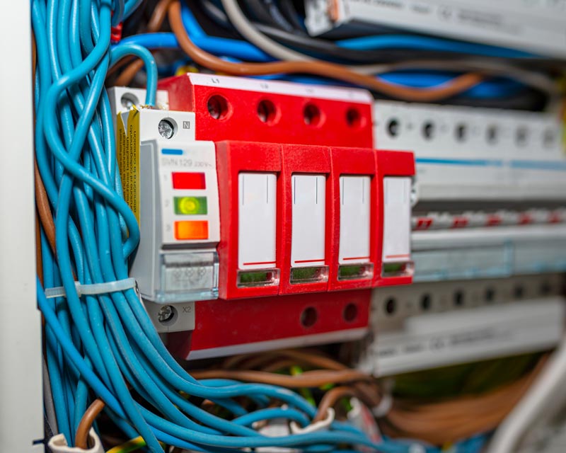 Close-up of an electrical circuit breaker panel with a prominent red switch and various colored wires expertly arranged by an electrical contractor. The panel includes illuminated indicator lights showing system status.