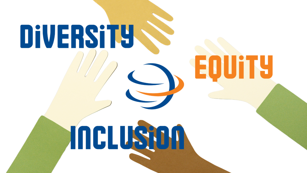 Illustration of four hands reaching toward a swirl logo at the center, symbolizing unity and featured in our Company Overview. The words "Diversity," "Equity," and "Inclusion" are prominently displayed in blue and orange text, with hands of varying skin tones representing our core values.