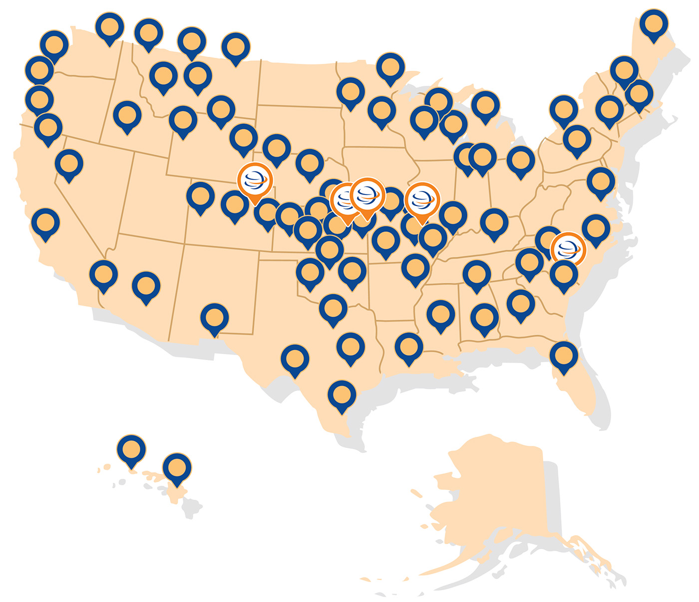 A map of the United States highlighting various cities with blue and orange location markers depicts the continental U.S., Alaska, and Hawaii. As part of the company overview, several markers are clustered in the central Midwest region, illustrating key locations.