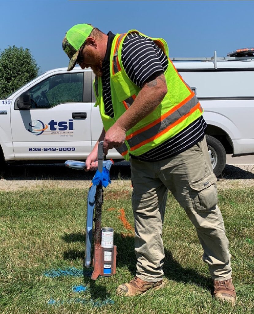Tim A worker in a neon safety vest and cap uses equipment to mark underground utilities with blue spray paint on grass beside a white truck labeled "tsi" under a clear sky. Utility Locating is Critical