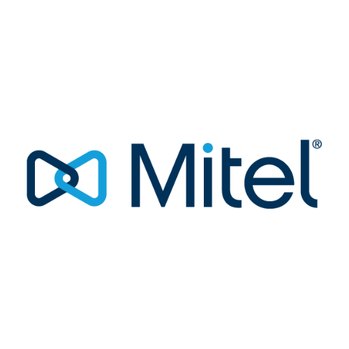 The image shows the Mitel logo, featuring an abstract blue symbol resembling an infinity loop to the left of the word "Mitel" in bold blue letters.