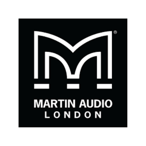 The image shows the Martin Audio London logo, featuring a bold, stylized white "M" above the text "MARTIN AUDIO LONDON" on a black background.