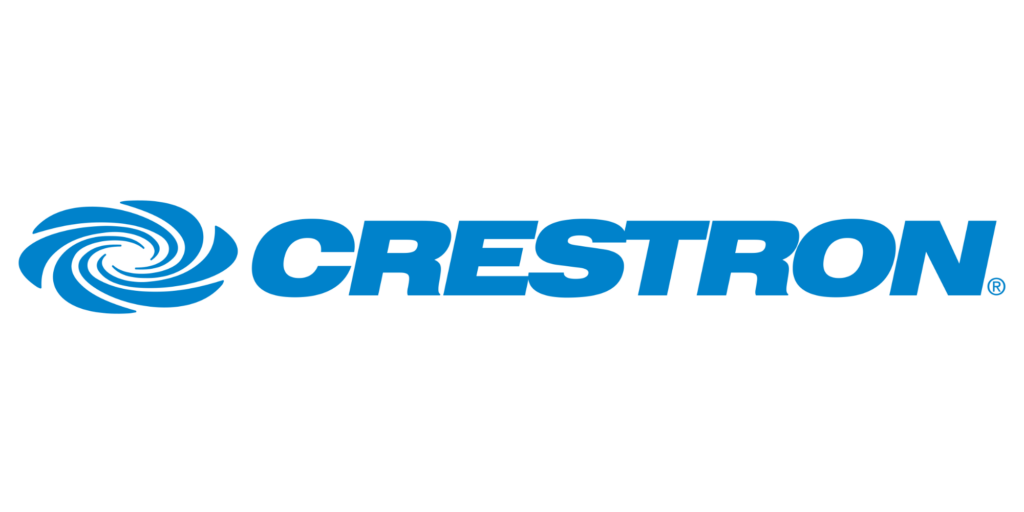 The Crestron logo with a blue swirling spiral design to the left of the bold, uppercase blue word "CRESTRON" on a transparent background.