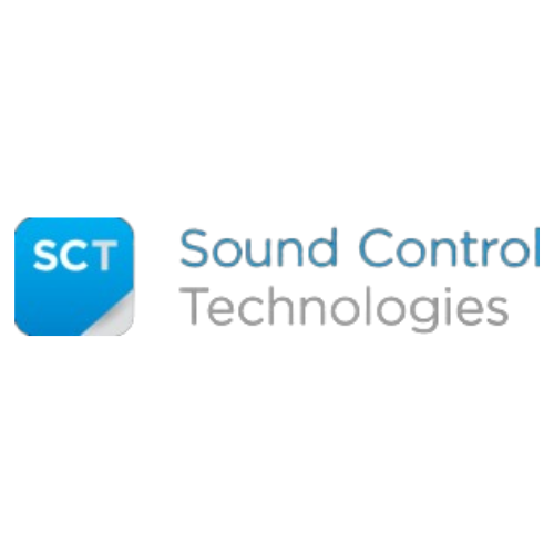 Logo of Sound Control Technologies, featuring a blue square with the white letters "SCT" on the left and the company name in blue and gray text on the right.