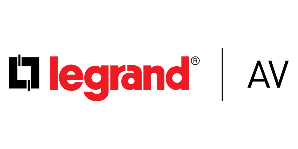 Legrand logo with the word "legrand" in bold red lowercase letters and a black geometric design to the left. The background is white.