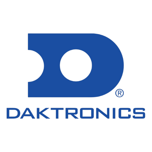 A blue Daktronics logo featuring a stylized letter "D" with a circular cutout and the word "DAKTRONICS" in blue capital letters below it.