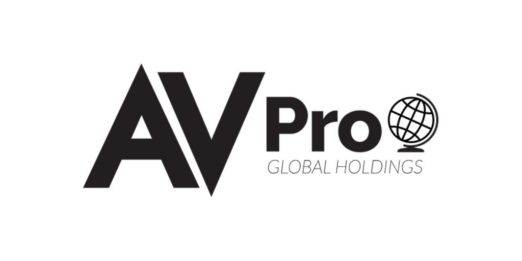 Logo for AV Pro Global Holdings, featuring bold black letters "AV Pro" with a globe icon replacing the letter "o" in "Pro," and "GLOBAL HOLDINGS" in smaller gray text below.