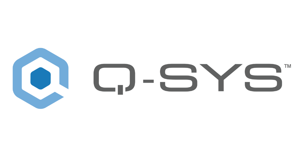Q-SYS logo featuring a stylized hexagonal blue and black icon on the left, followed by the text “Q-SYS” in bold, modern black letters.