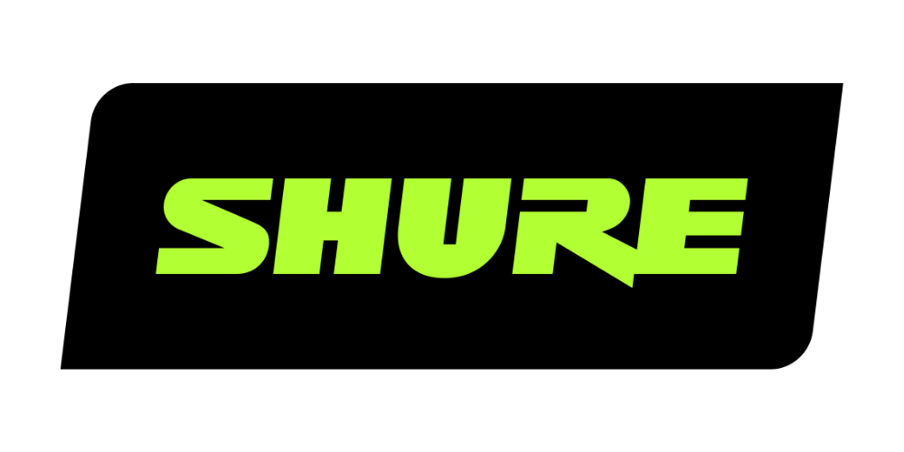 The image shows the word "SHURE" in bold, bright green, uppercase letters on a black background.