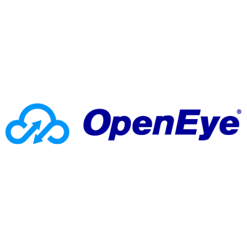OpenEye logo featuring a blue cloud-like symbol on the left and the word "OpenEye" in bold, dark blue letters on the right.