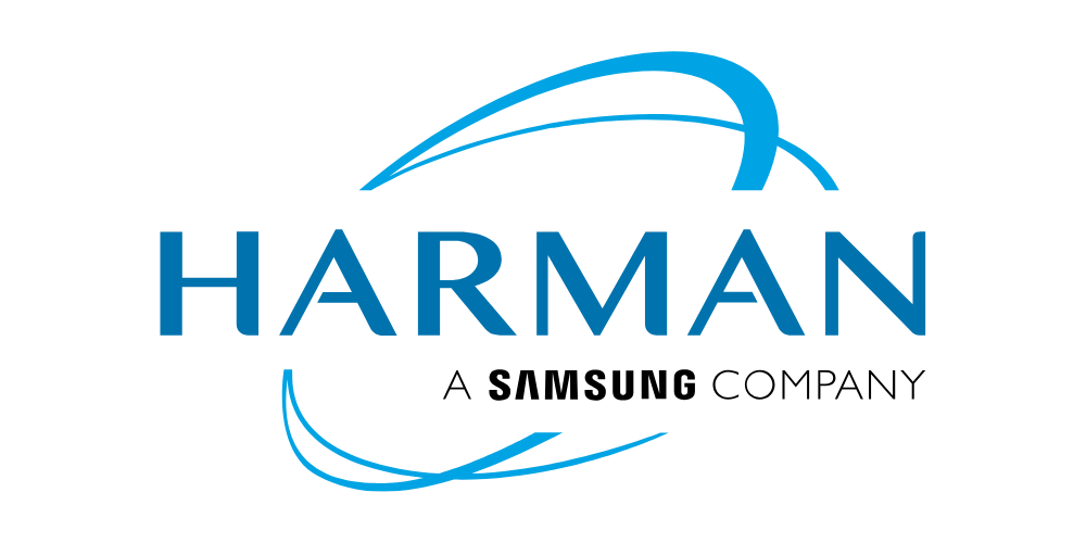 The Harman logo features the word "HARMAN" in blue capital letters, surrounded by two intersecting blue swoosh lines forming an abstract, dynamic oval shape. The background is white.