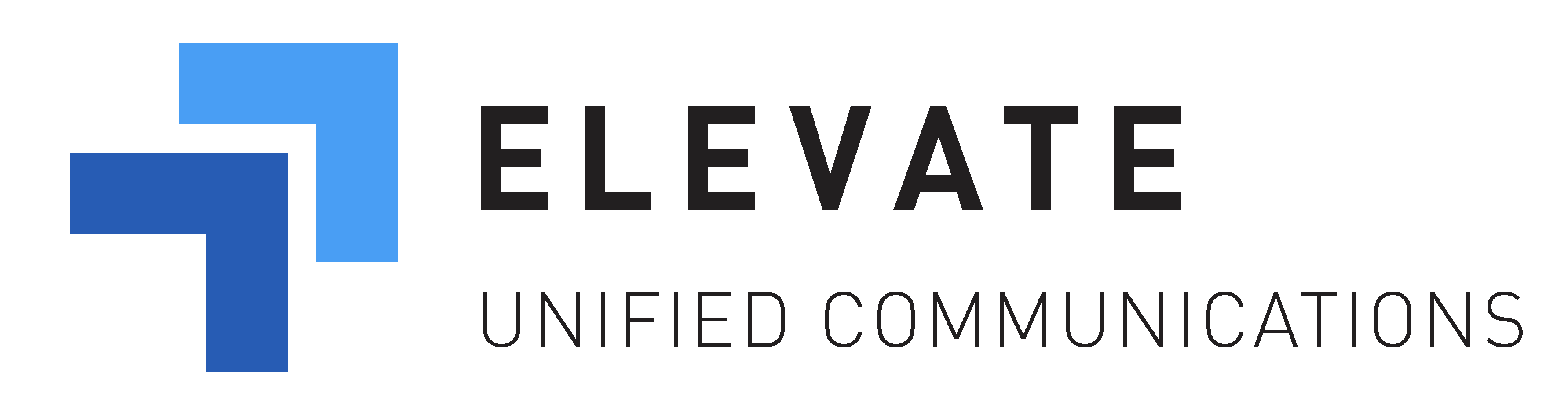 Logo with two blue geometric shapes forming an upward arrow on the left, and the words "ELEVATE" in bold black text and "UNIFIED COMMUNICATIONS" in lighter gray text on the right.