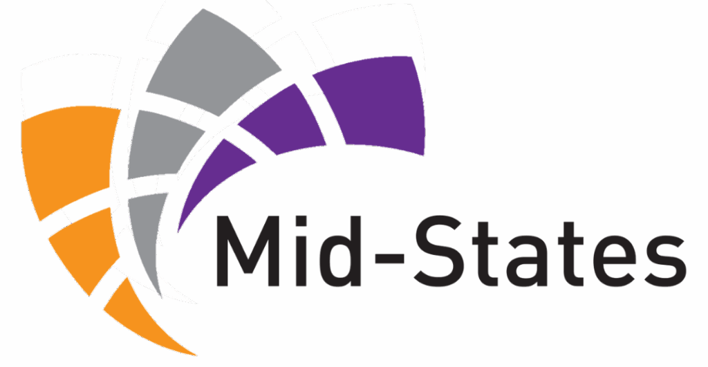 Abstract logo with orange, gray, and purple curved shapes forming a semi-circle to the left of the words “Mid-States” in bold, black text on a transparent background, highlighting its role as an MBE Integrator.